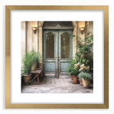 Extra large abstract art print featuring textured design of a French door, in gold frame, ideal for living room decor.