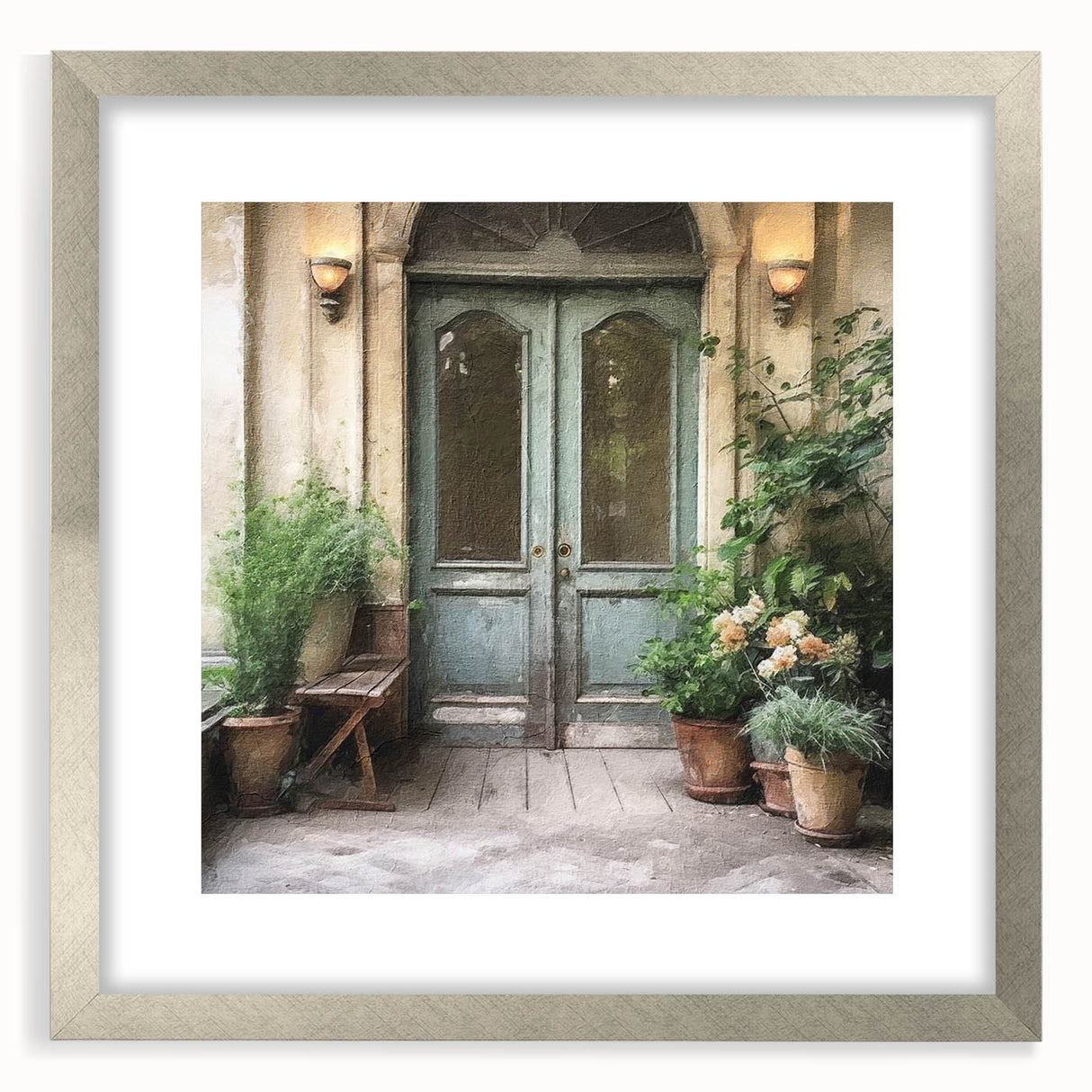 Textured abstract art print featuring a detailed French door design in muted gray, framed with a silver mat.