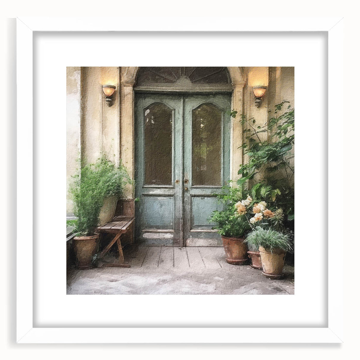 Abstract art print featuring a minimalist French door design in muted gray, framed and matted, ideal for dining room decor.