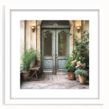 Abstract art print featuring a minimalist French door design in muted gray, framed and matted, ideal for dining room decor.