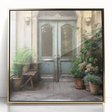 Mid-century modernist large art print of a French door design in gold tones on framed acrylic.