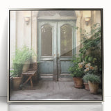Mid-century modernist art of a French door in silver acrylic frame, subtle hues, ideal for nursery wall decor.
