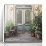 Art deco poster featuring a French door design in black and white tones, acrylic framed, suitable for modern nursery decor.
