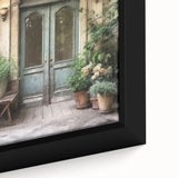 Extra large framed canvas featuring a close-up of a black, textured door with colorful, abstract designs.