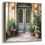 Vintage poster art of a French door in black and white on framed canvas, suitable for bedroom wall decor.