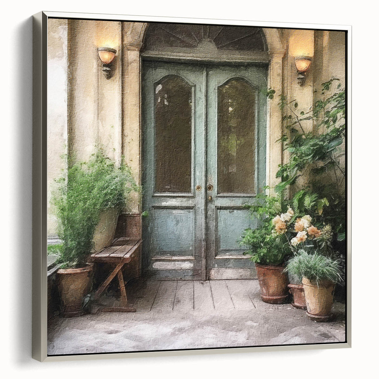 Landscape art painting of a vintage French door, rendered in black and colorful hues on a framed canvas.