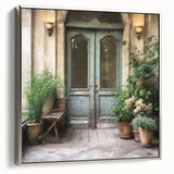 Landscape art painting of a vintage French door, rendered in black and colorful hues on a framed canvas.