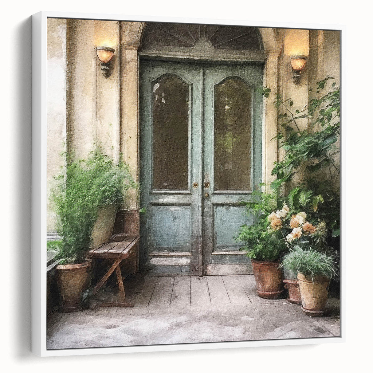Vintage poster art of a French door, framed canvas in muted black and colorful hues, ideal for living room decor.