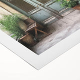 Art deco poster of a French door architecture on a rolled canvas, in muted earth tones, suitable for dining room wall art.