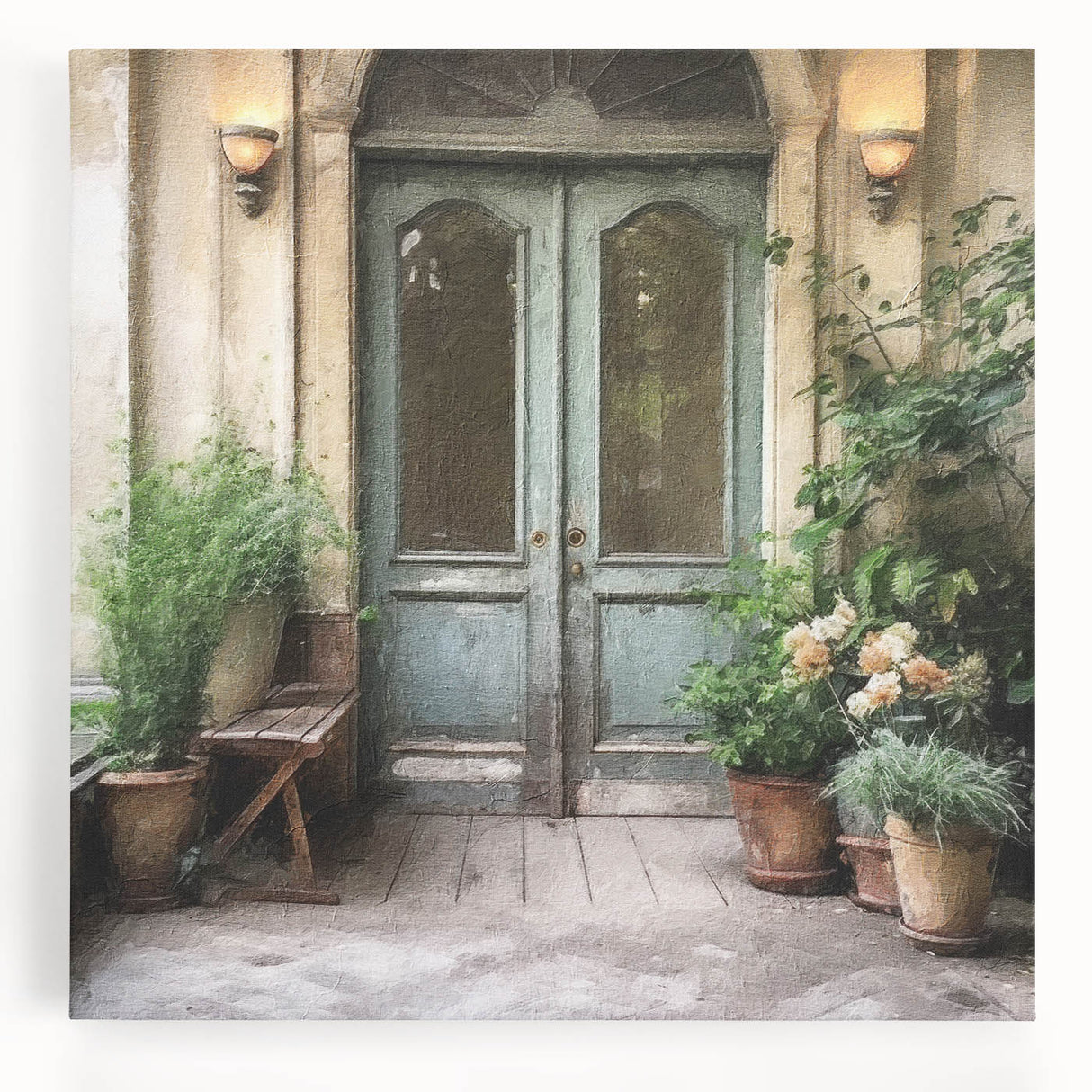 Black and white photo of a French door design on stretched canvas, suited for kitchen wall art.