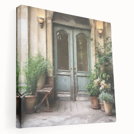 Side view of a large stretched canvas featuring a detailed French door design in muted earth tones.