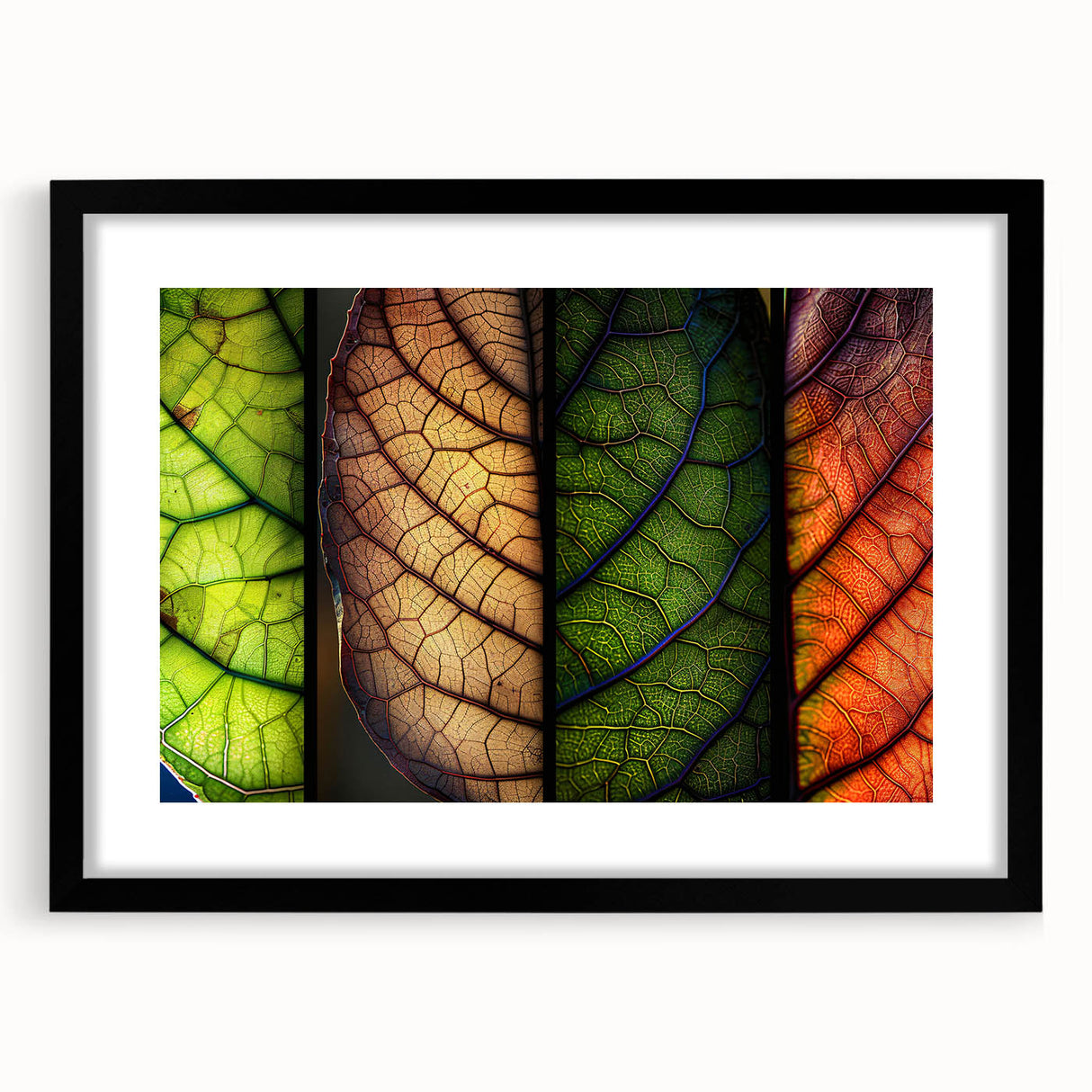 Floral wall art framed in a sleek black mat, showcasing vibrant flowers and leafy designs, perfect for enhancing home decor with a touch of nature.