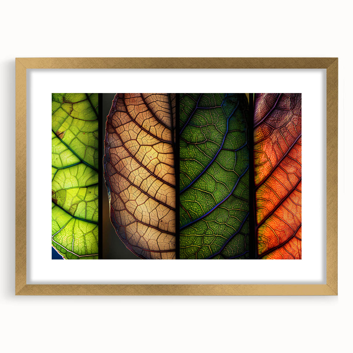Floral wall art frame featuring a vibrant design of colorful flowers and botanical leaves, elegantly bordered with a gold frame and mat, ideal for home decor.
