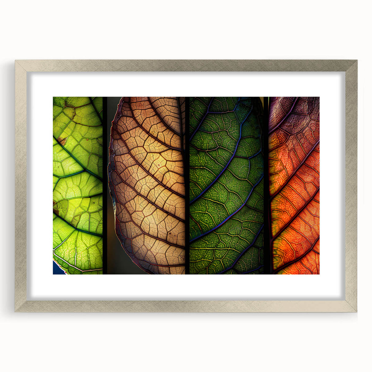 Framed wall art featuring a botanical design with colorful flowers and leaves, set in a silver mat, showcasing a modern aesthetic perfect for home decor.