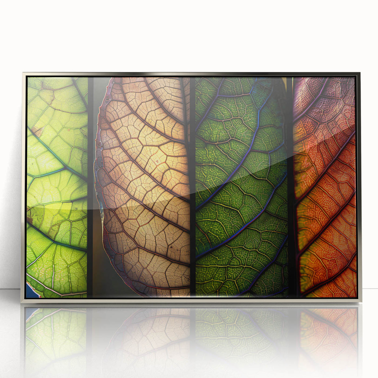 Framed acrylic wall art featuring a botanical design with colorful flowers and leaves, elegantly displayed in a silver frame, perfect for home decor.