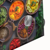 Large abstract wall art featuring assorted food dishes in vivid colors on acrylic glass, ideal for dining room decor.