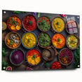 Acrylic print of various food dishes in vivid colors, ideal for dining room decor.