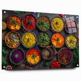 Acrylic print of various food dishes in vivid colors, ideal for dining room decor.