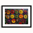 Extra large, colorful abstract art print featuring assorted food dishes, textured on a black framed canvas.