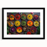 Extra large, colorful abstract art print featuring assorted food dishes, textured on a black framed canvas.