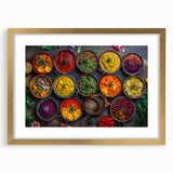 Extra large abstract art print featuring textured food dishes in muted earth tones, framed in gold.