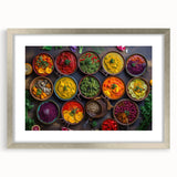 Textured art featuring abstract food dishes in muted earth tones, framed with a silver mat, ideal for bedroom art.