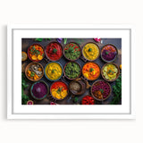 Abstract art print of assorted dishes in muted earth tones, framed with a white mat, ideal for dining room decor.