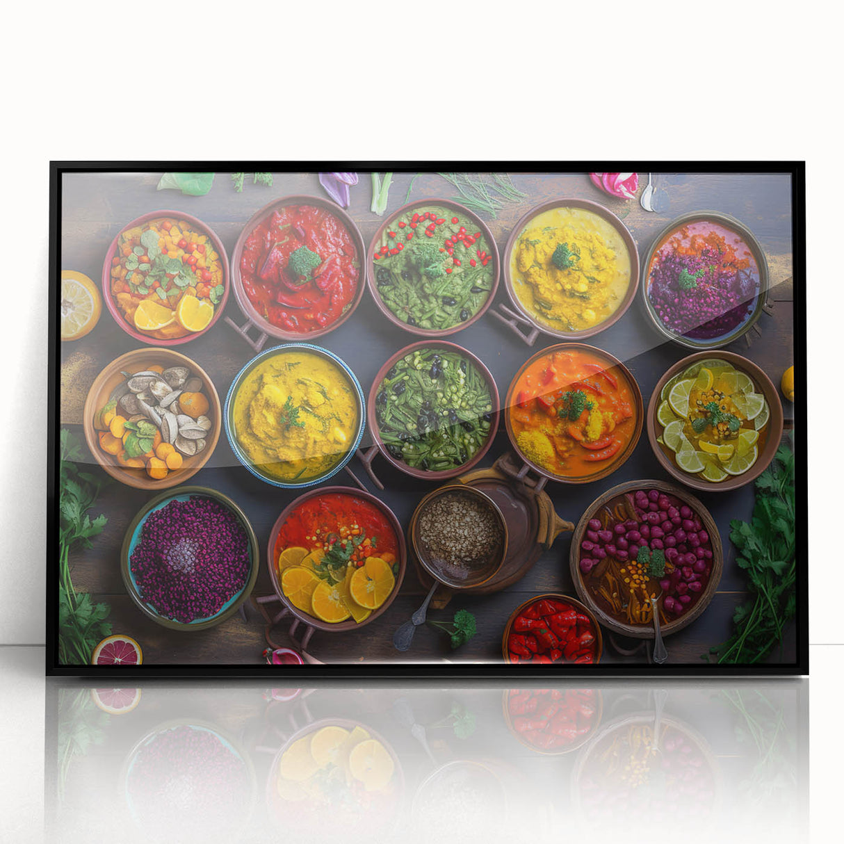 Large abstract wall art depicting various food dishes in bold black and white, framed in acrylic.