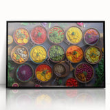 Large abstract wall art depicting various food dishes in bold black and white, framed in acrylic.