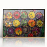 Mid-century modernist large art print of assorted food dishes in vibrant colors on a gold-framed acrylic.