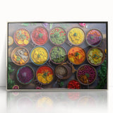Mid-century modernist art featuring an array of stylized food dishes in muted colors on a framed acrylic print.