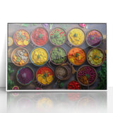 Art deco poster featuring an array of stylized food dishes in monochrome, framed in white acrylic.