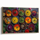 Framed canvas featuring an array of vintage-style food dishes in black with gold accents, ideal for bedroom wall art.