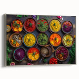 Landscape art painting of colorful vintage food dishes on a black background, framed canvas, ideal for kitchen decor.