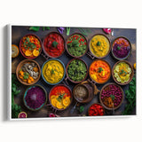 Framed canvas featuring vintage poster art of colorful food dishes on a black background, ideal for living room decor.