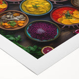 Art deco poster featuring an array of colorful food dishes on a rolled canvas, suitable for dining room decor.