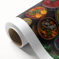 Art deco poster featuring an array of colorful food dishes on rolled canvas, suitable for dining room decor.