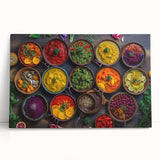 Black and white stretched canvas featuring various food dishes, ideal for kitchen wall art.
