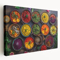 Large canvas featuring a variety of painted food dishes in vibrant colors, ideal for kitchen wall art.