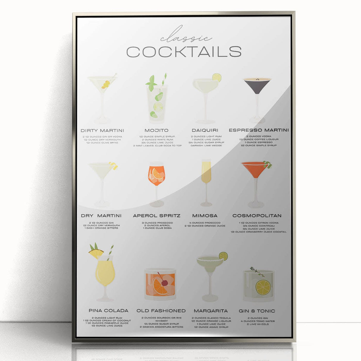 Art deco poster featuring a stylized cocktail, rendered in silver and black tones on a framed acrylic.