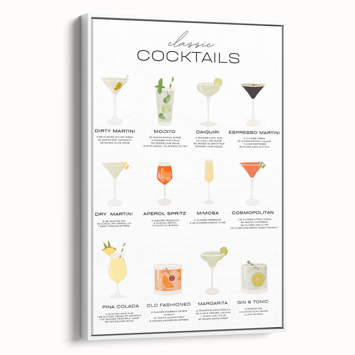 Vintage poster art of colorful food and drinks on a large framed canvas, ideal for living room decor.