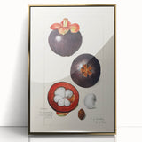 Large art print of an assortment of fruits in mid-century modernist style on framed acrylic, featuring gold and green tones.
