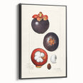 Black and white vintage poster art of assorted fruits on framed canvas, ideal for bedroom wall decor.