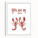 Abstract art print featuring assorted culinary items in vibrant colors on a white framed mat, suitable for dining room decor.