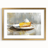 Extra large abstract art print featuring assorted pastries in muted earth tones, framed in gold, ideal for living room decor.