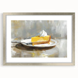 Textured abstract art print featuring an assortment of pastries in muted colors, framed in silver.