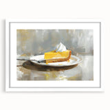 Abstract art print featuring assorted pastries in muted pastel shades, framed with a white mat, ideal for dining room decor.