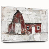 Acrylic glass wall art featuring a landscape design of a rustic barn, presented in a side view with decorative pins, perfect for farmhouse décor.