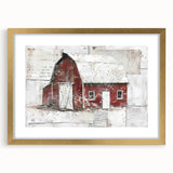 Framed landscape barn wall art featuring a gold mat, showcasing rustic charm and warm colors, perfect for enhancing home decor in country-style interiors.