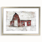 Landscape barn wall art framed in silver with a decorative mat, showcasing rustic charm and natural colors, perfect for enhancing home decor in country-style settings.